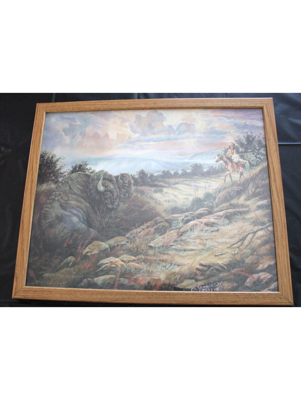 Jonnie K. Kostoff Vtg 1990 Native American Hunting Buffalo Signed Print 17.5x22"